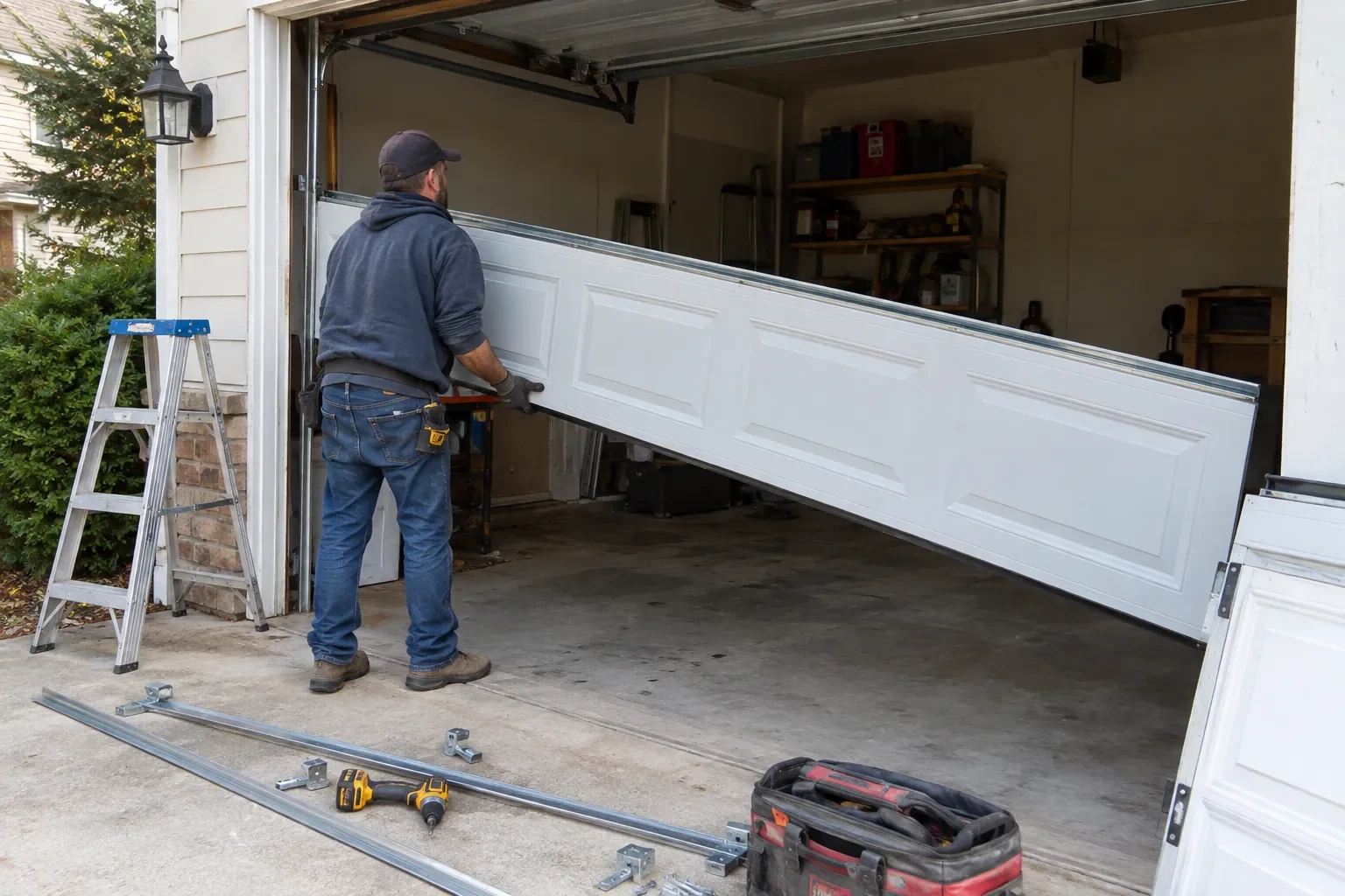 Illustrative garage doors scene; not an actual job