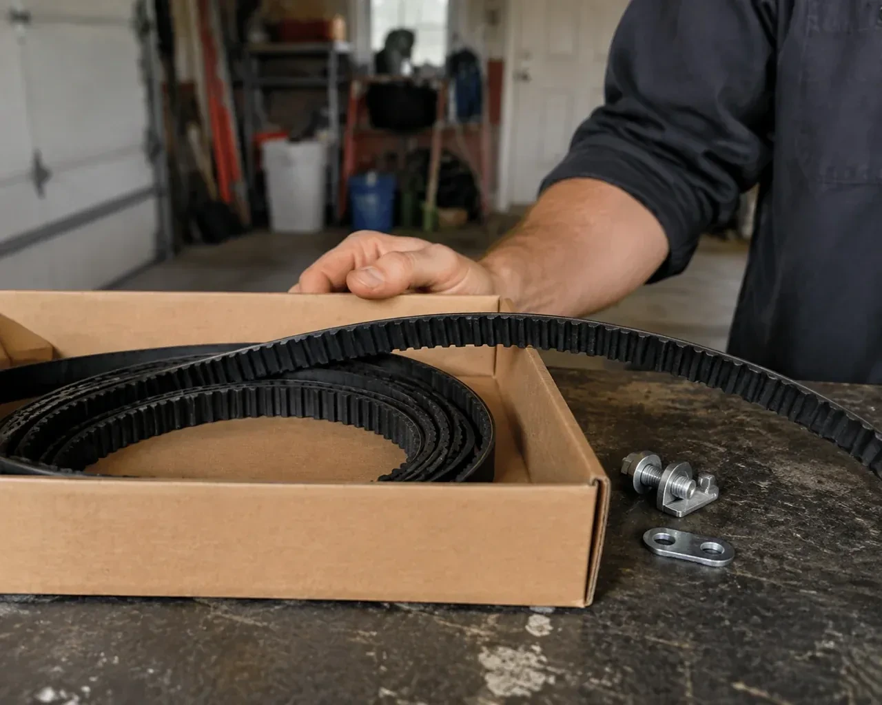 A toothed black drive belt lies in an open cardboard box beside small metal fittings on a garage workbench. — Belt-Drive Opener Repair, Thorold