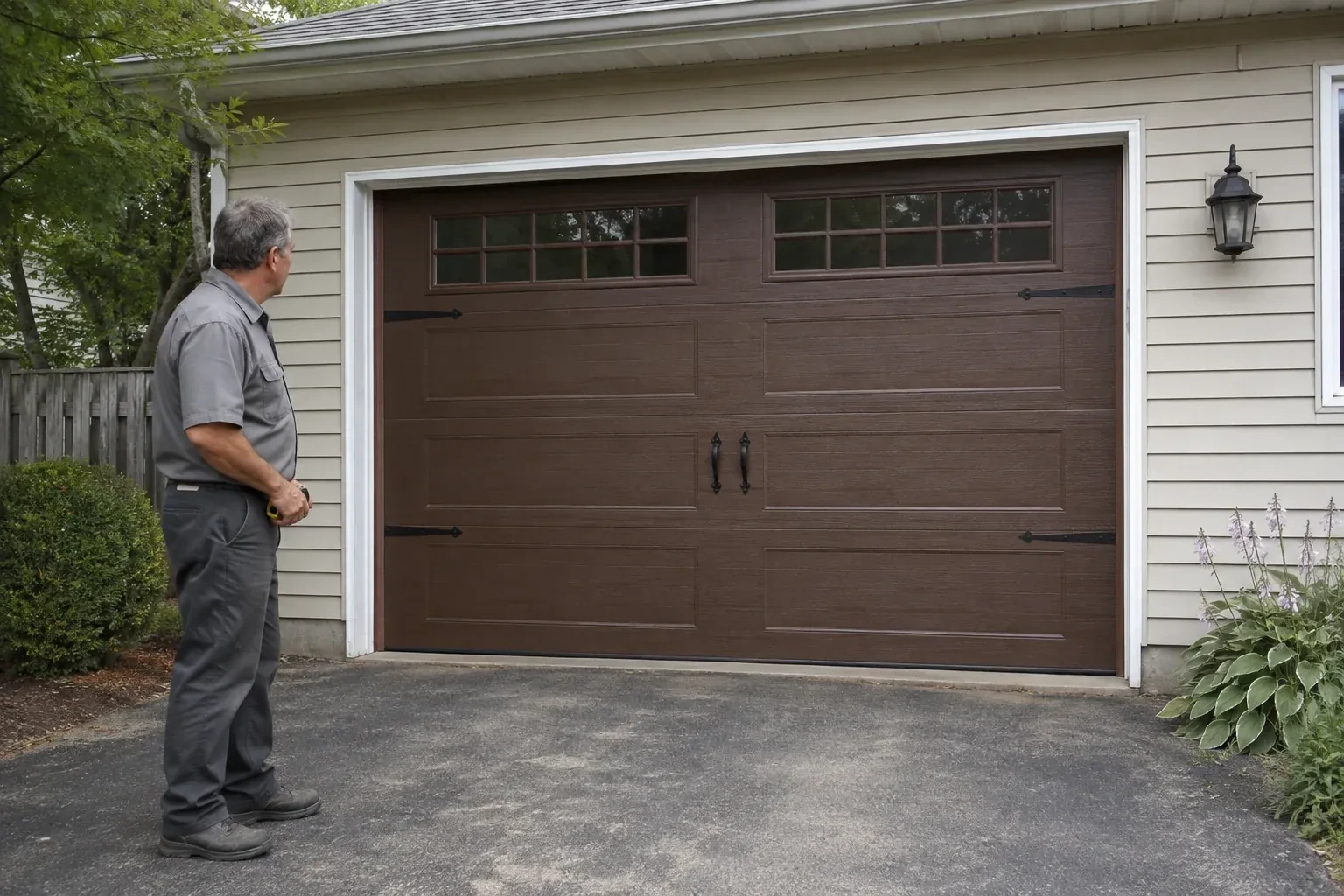A person stands beside a closed brown garage door with upper windows and black decorative straps and handles. — Carriage-House Garage Door Installation, Thorold