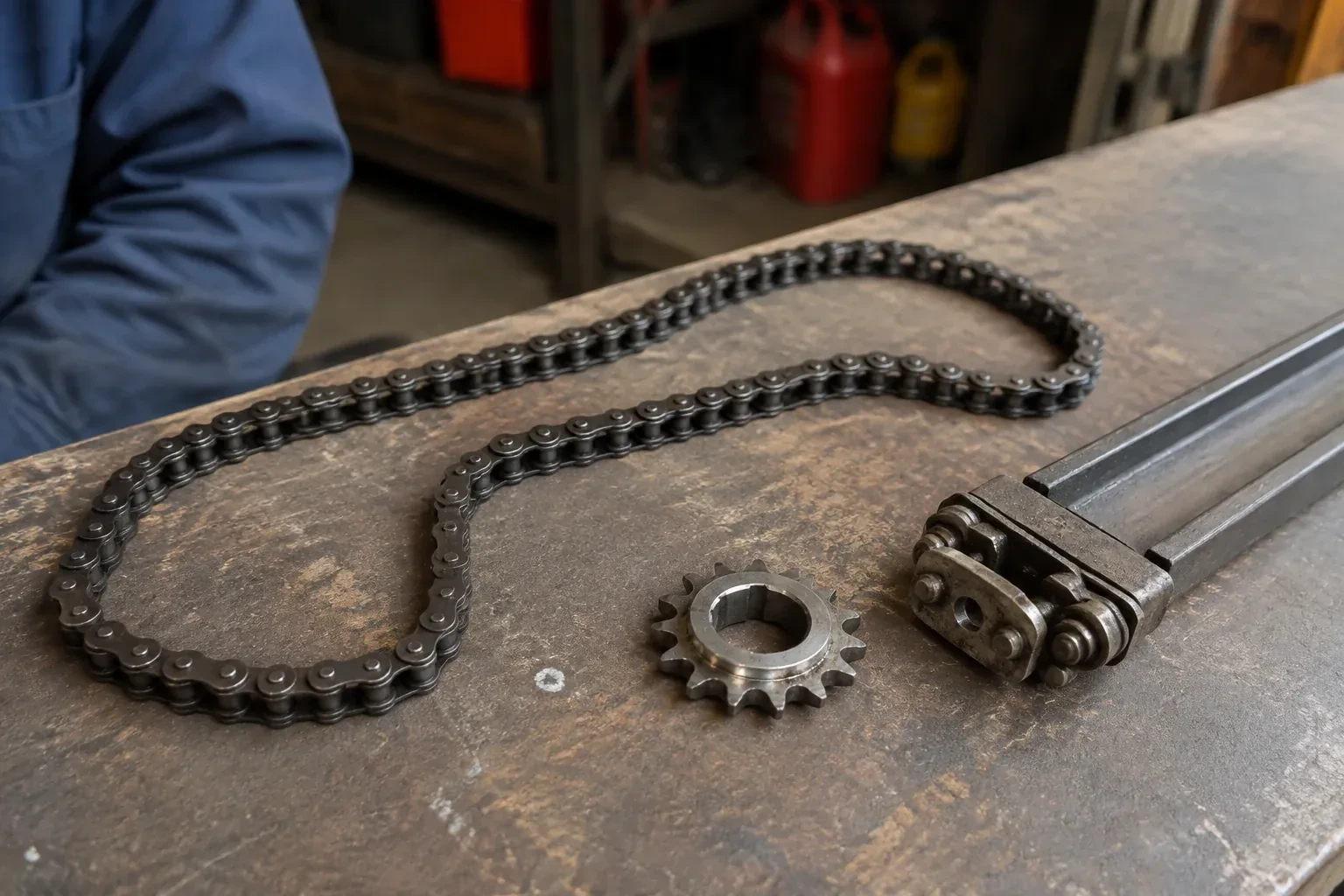 A detached metal roller chain, toothed sprocket and rail component rest on a worn garage workbench. — Chain-Drive Opener Repair, Thorold