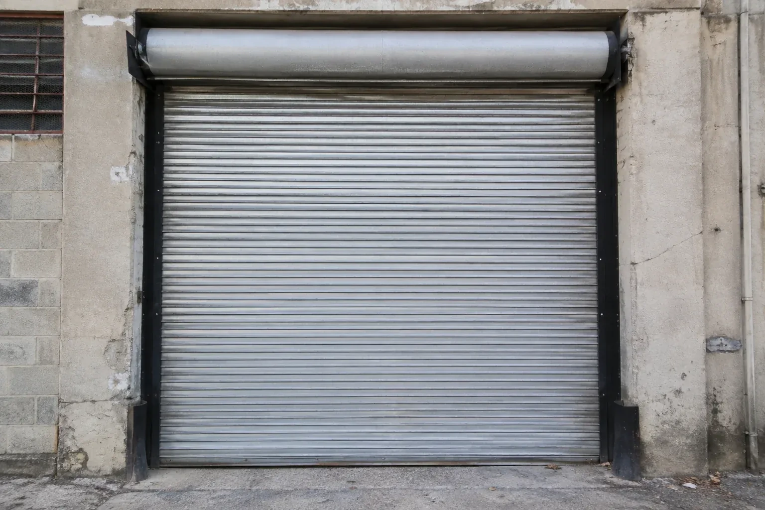Closed metal rolling shutter in a weathered warehouse opening. — Commercial Rolling Door Repair, Thorold