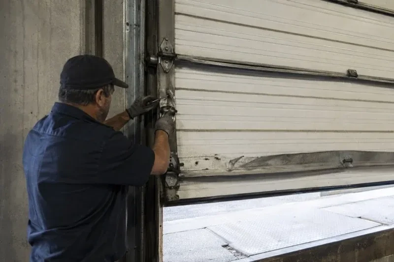 Person holding tools at the side hinge of a partly raised industrial sectional door — Commercial Sectional Door Repair, Thorold