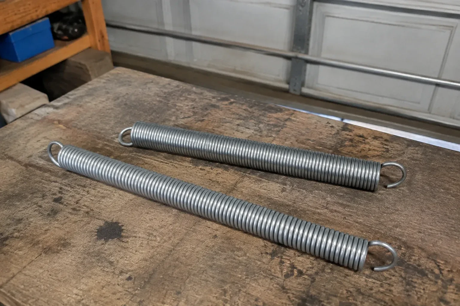 Two detached extension springs with hooked ends on a garage bench. — Extension Spring Replacement, Thorold