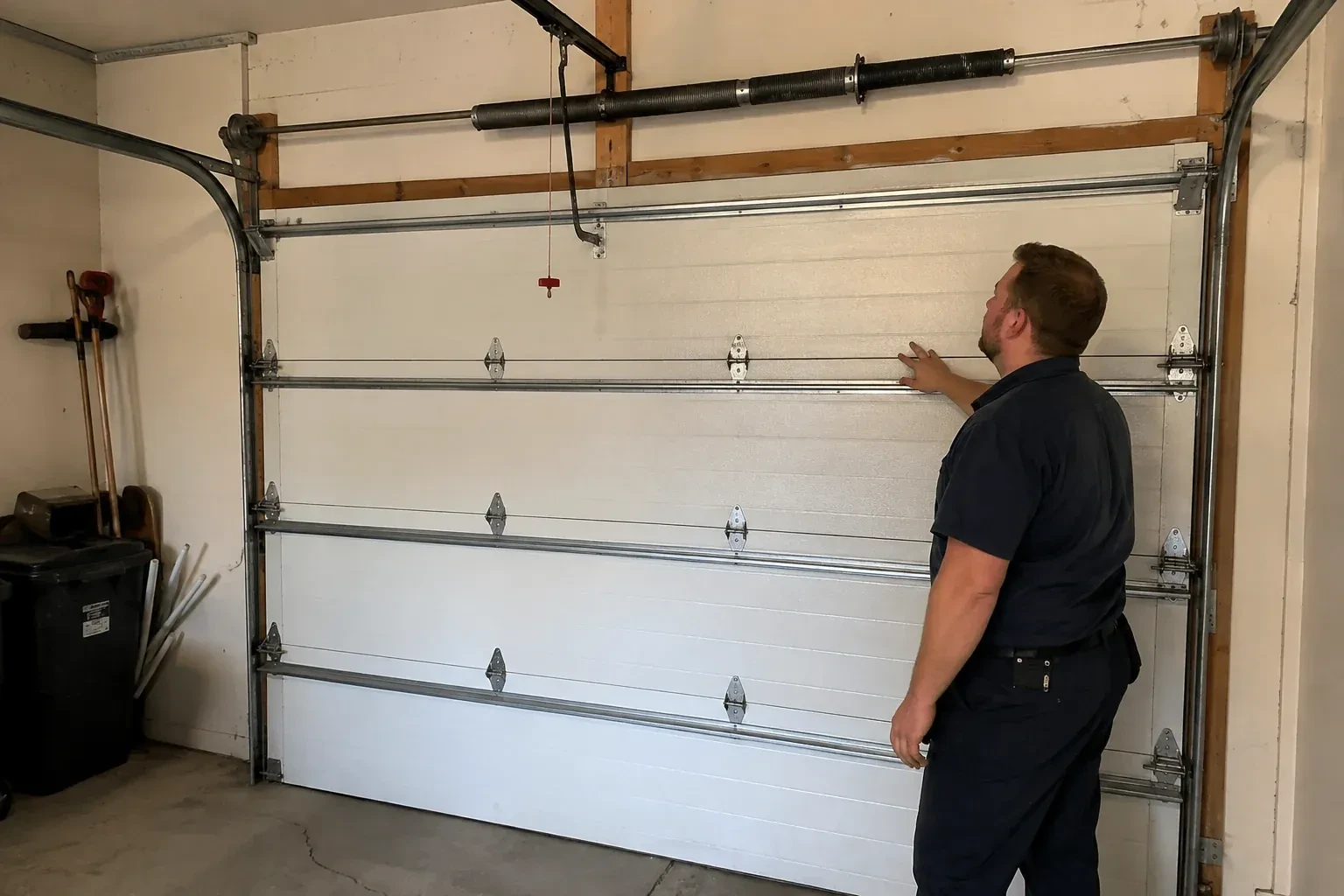 A person stands beside a closed sectional door beneath its overhead spring assembly. — Garage Door Balance Adjustment, Allanburg