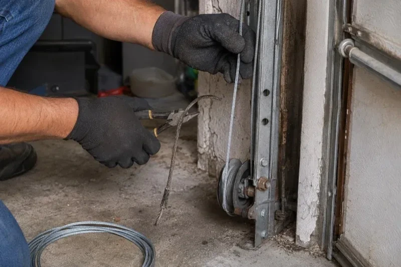 Gloved hands holding a bright cable and pliers gripping a frayed cable beside a garage-door track and pulley. — Garage Door Cable Replacement, Thorold