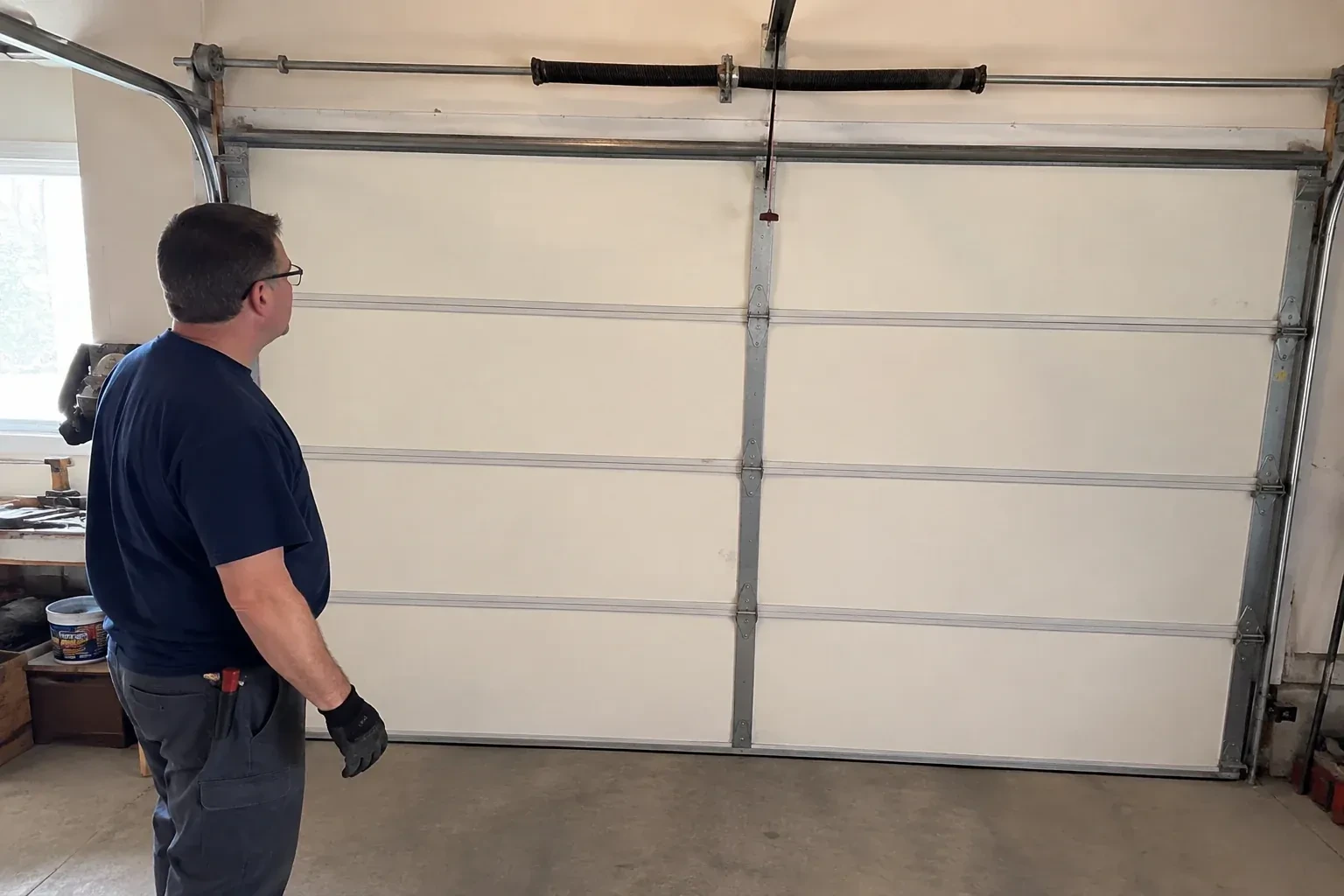 Illustrative garage doors scene; not an actual job — Off-Track Garage Door Reset, Thorold