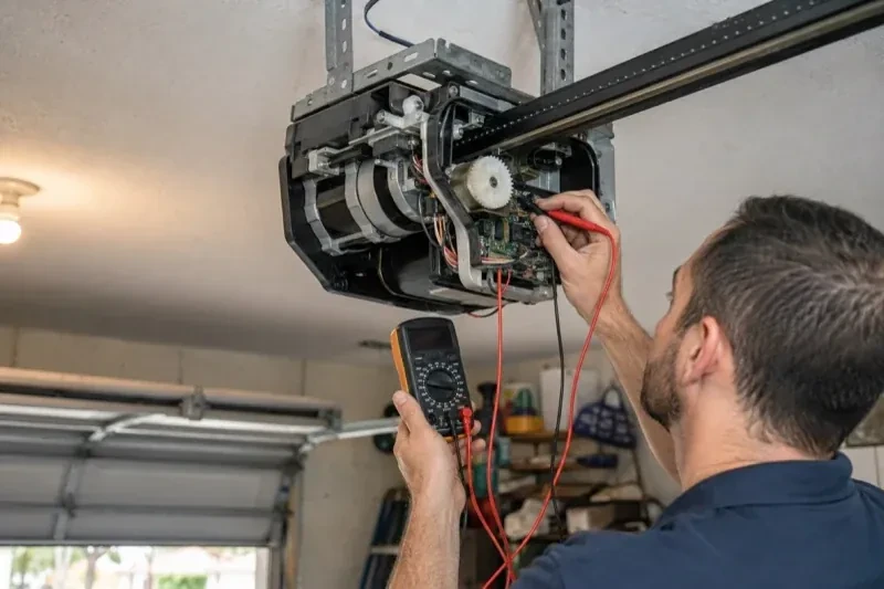 Person holding a multimeter and a red probe near the exposed circuit board of an overhead garage-door opener. — Garage Door Opener Diagnosis and Repair, Thorold