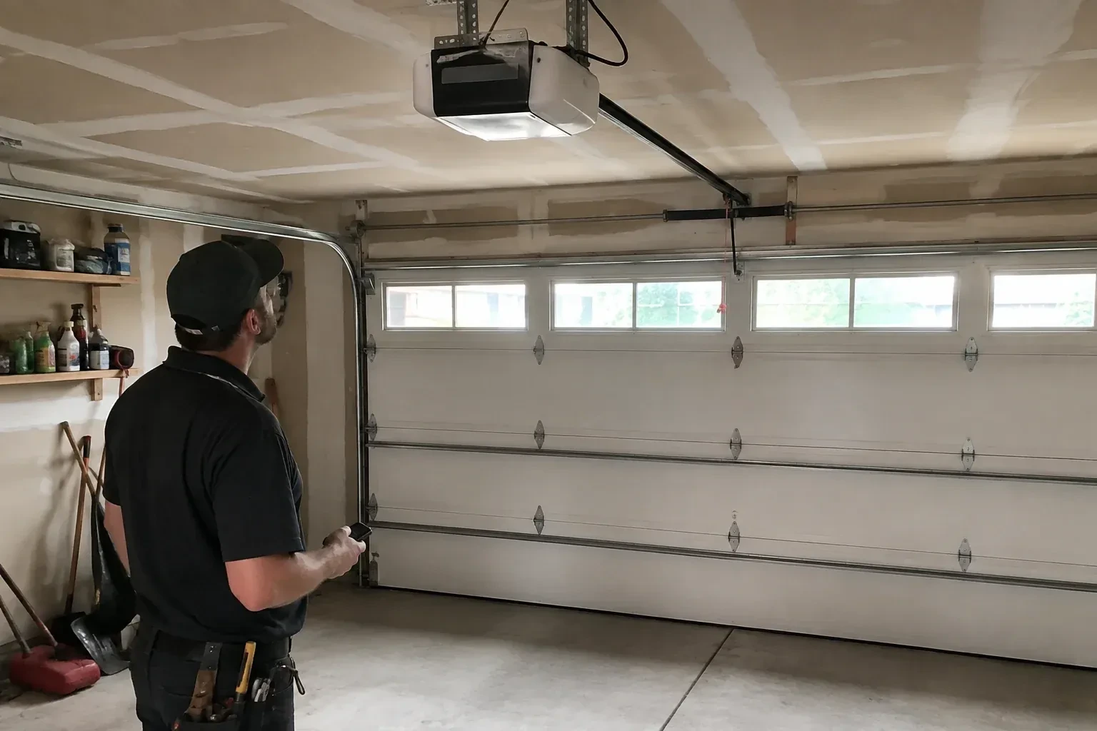 A person looks at an overhead opener above a closed garage door with a row of windows. — Garage Door Opener Replacement, Thorold