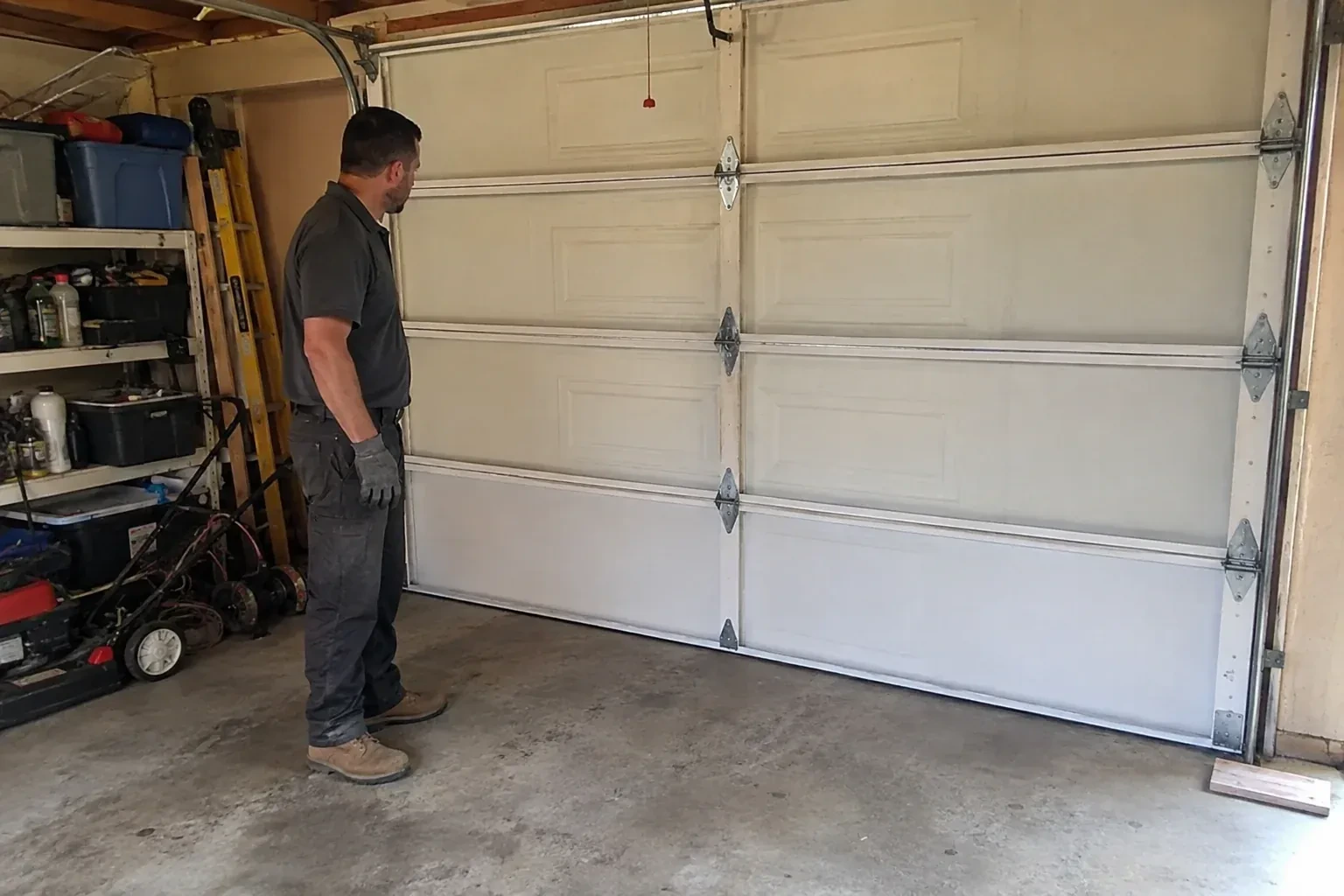 A person examines the interior panels and hinges of a closed sectional garage door. — Garage Door Panel Replacement, Thorold