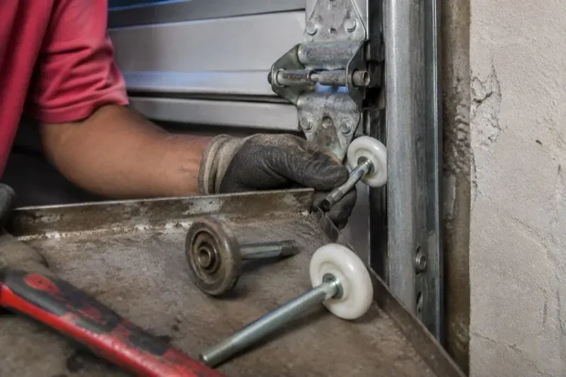 Gloved hand holding a white garage-door roller beside its track, with two loose rollers and a red tool on a tray. — Garage Door Roller Replacement, Thorold