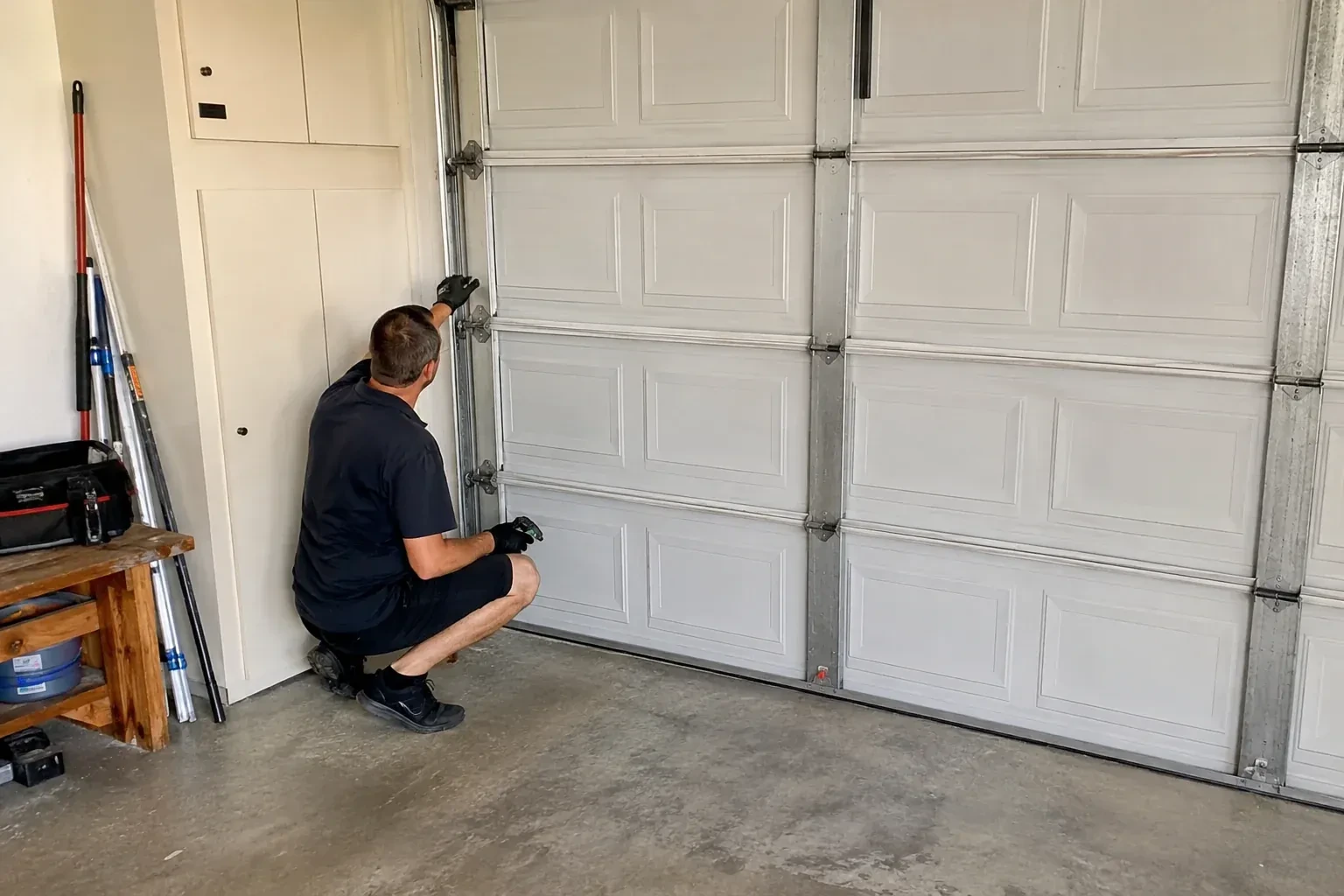 A person kneels beside the side track and hinges of a closed sectional garage door. — Garage Door Safety Inspection, Thorold