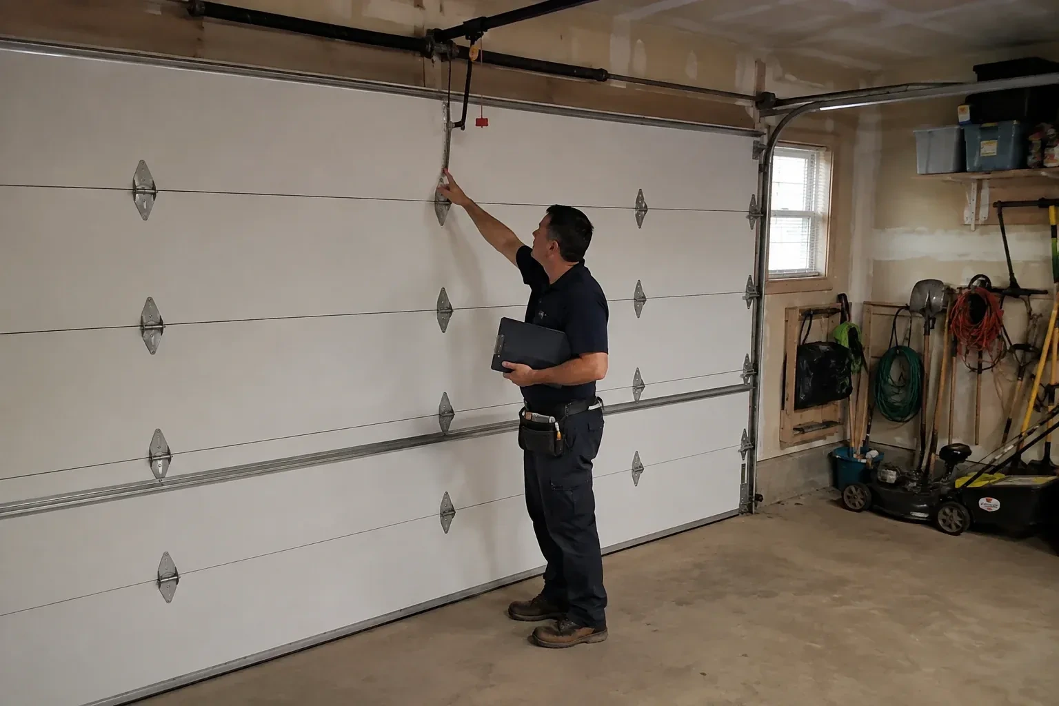 A person holding a clipboard examines the interior hardware of a closed garage door. — Garage Door Tune-Up, Thorold