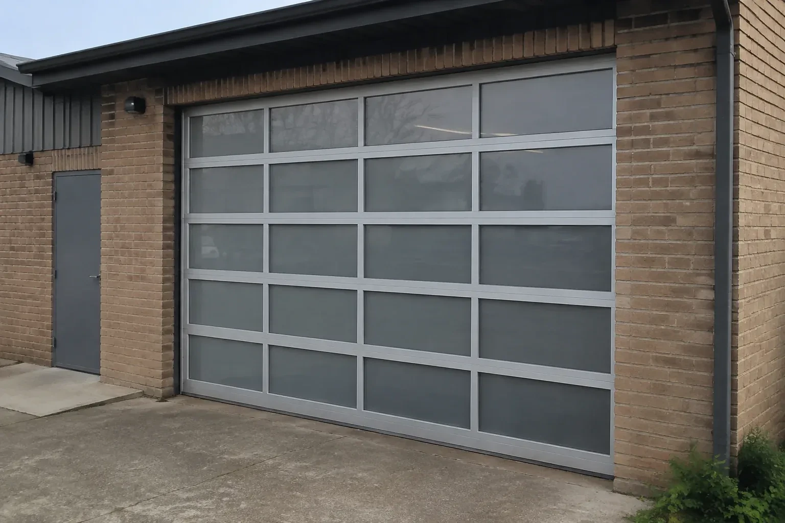 Closed glazed sectional door in a grey metal frame at a brick workshop. — Full-View Glass Garage Door Installation, Thorold