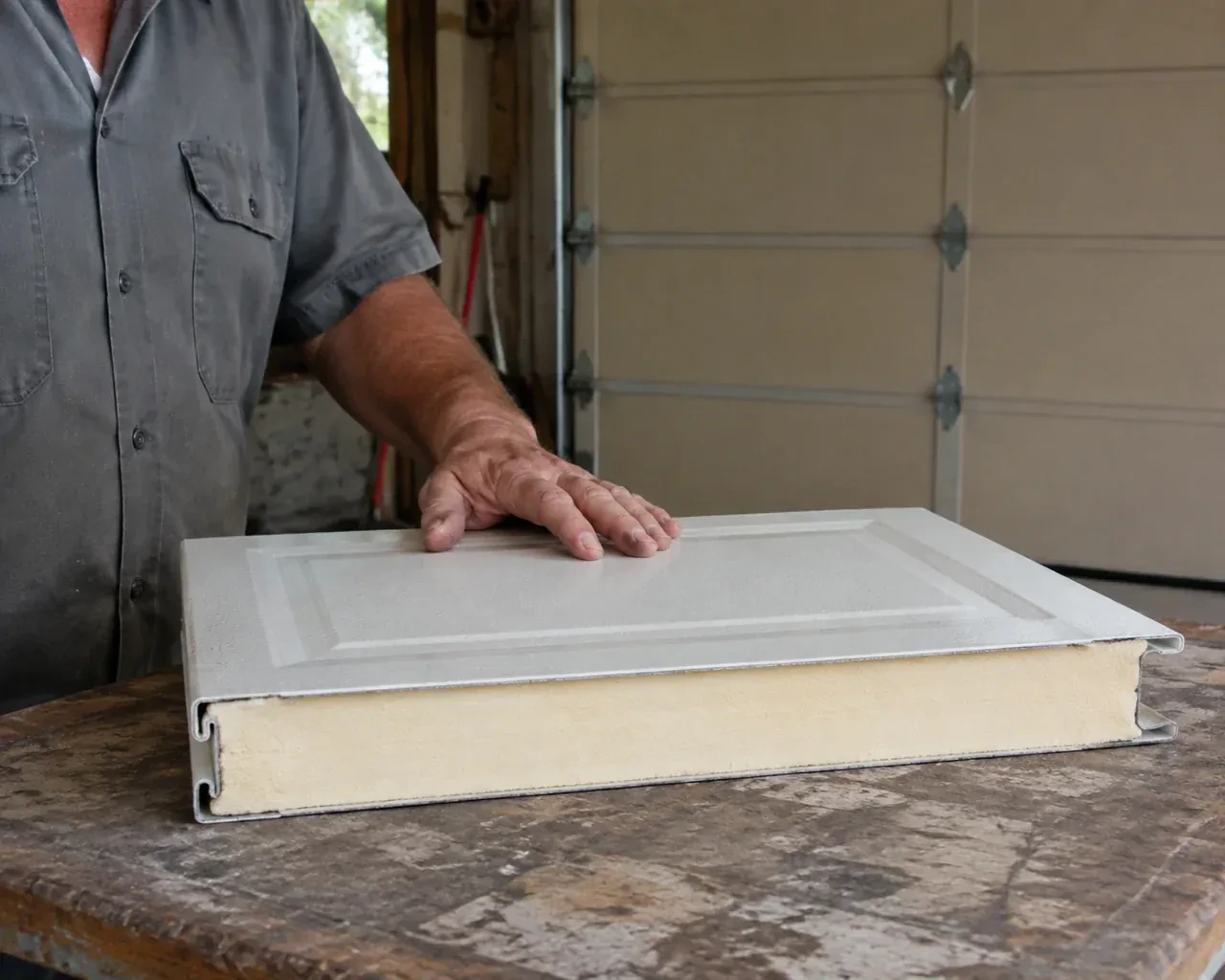 A panel sample exposes a cream foam core between thin metal faces on a garage workbench. — Insulated Steel Garage Door Installation, Thorold