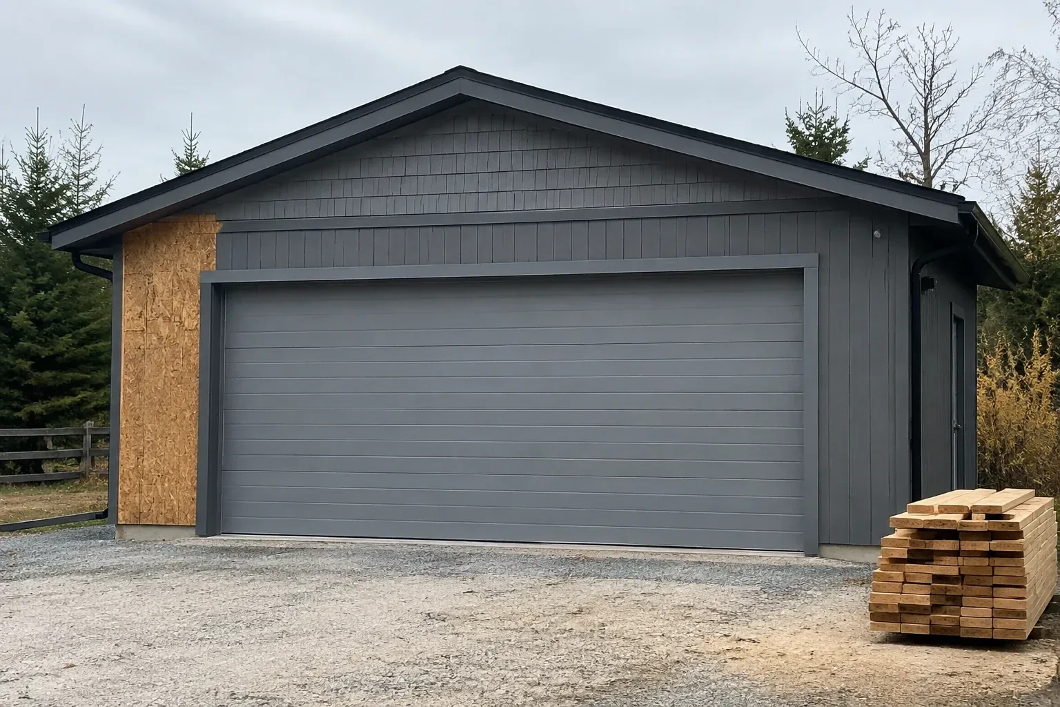 Closed grey garage door on a partly finished building beside stacked lumber. — New-Construction Garage Door Installation, Thorold