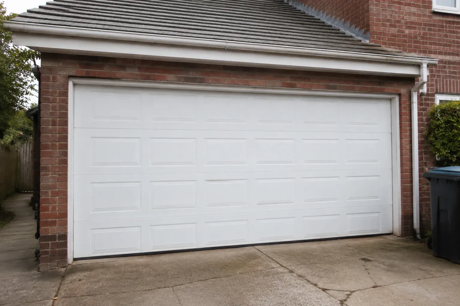 Closed white sectional garage door at an ordinary brick house. — Sectional Garage Door Replacement, Thorold