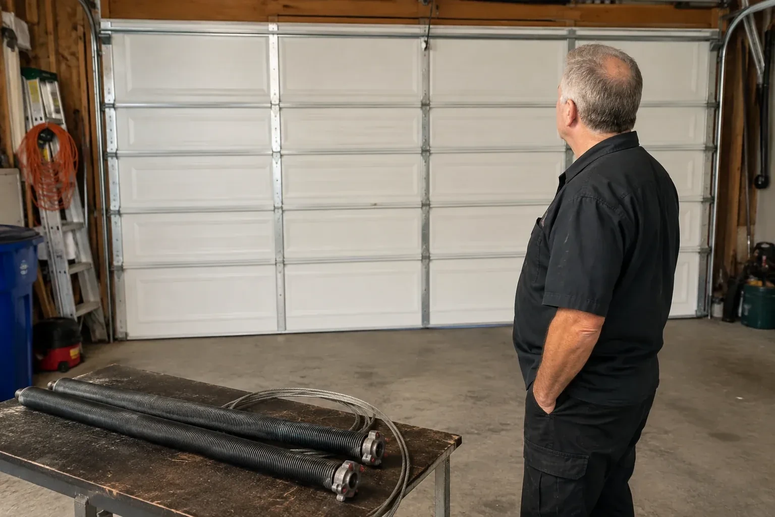 Detached coil springs with end fittings and a cable rest on a bench in front of a closed garage door. — Torsion Spring Replacement, Thorold