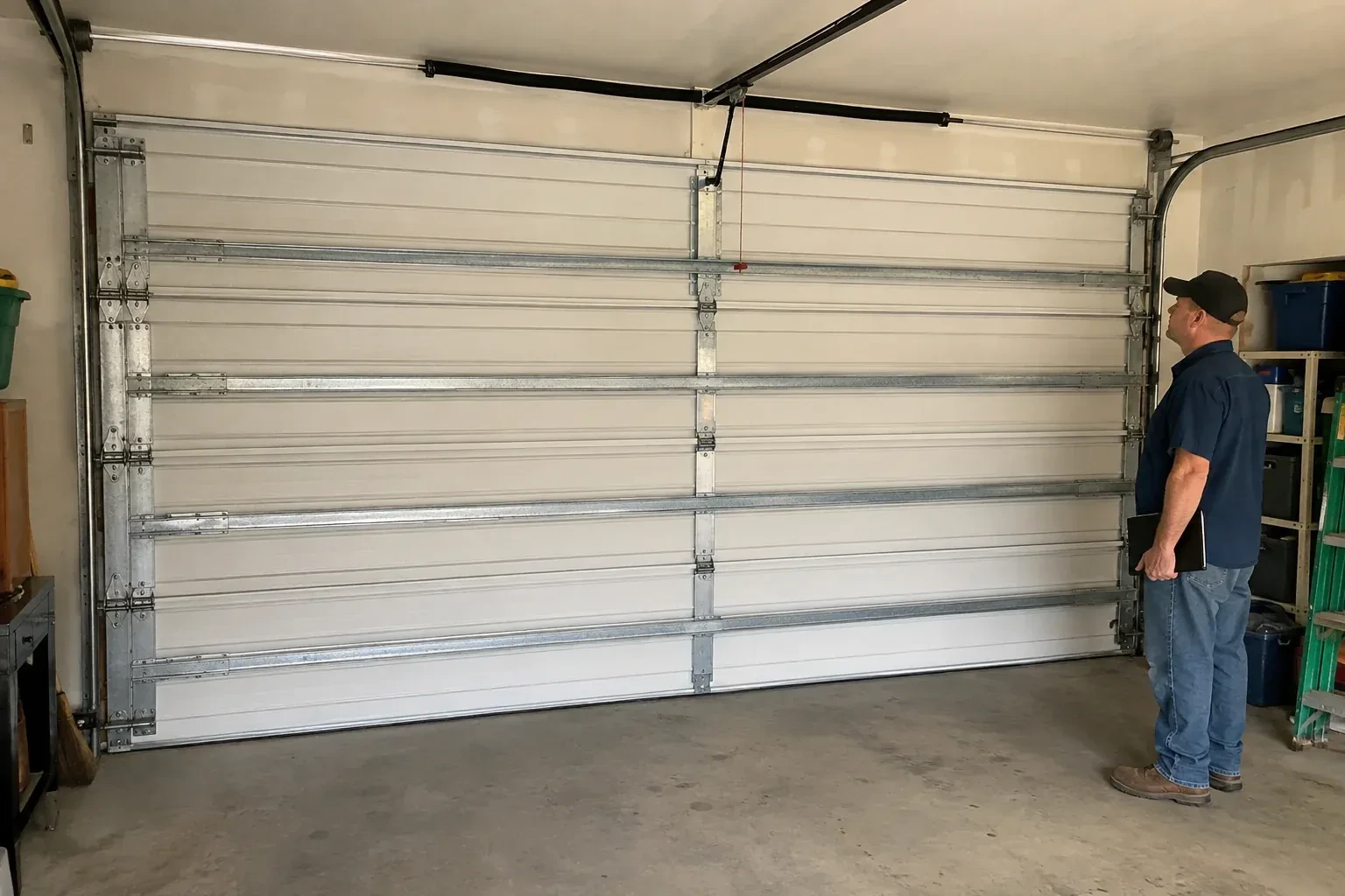 A person examines horizontal metal reinforcement members across the interior of a closed garage door. — Wind-Rated Garage Door Replacement, Thorold
